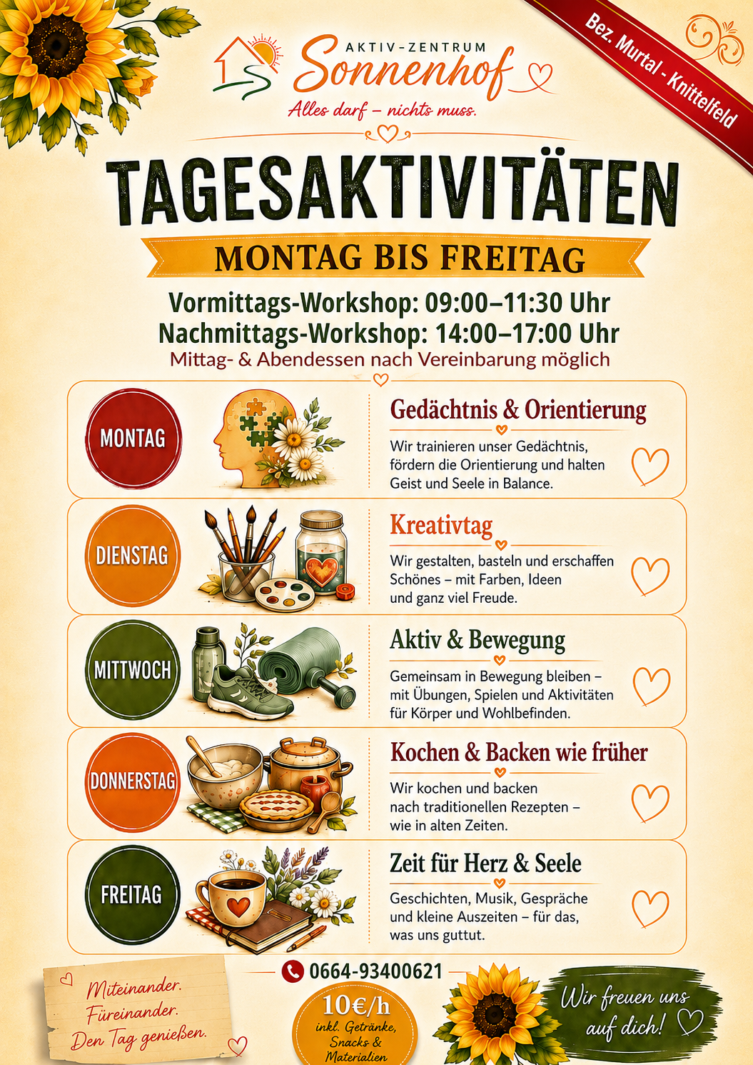 Werbeplakat für Tagesaktivitäten im Aktiv-Zentrum Sonnenhof: Montag bis Freitag mit Workshopzeiten und Themen.