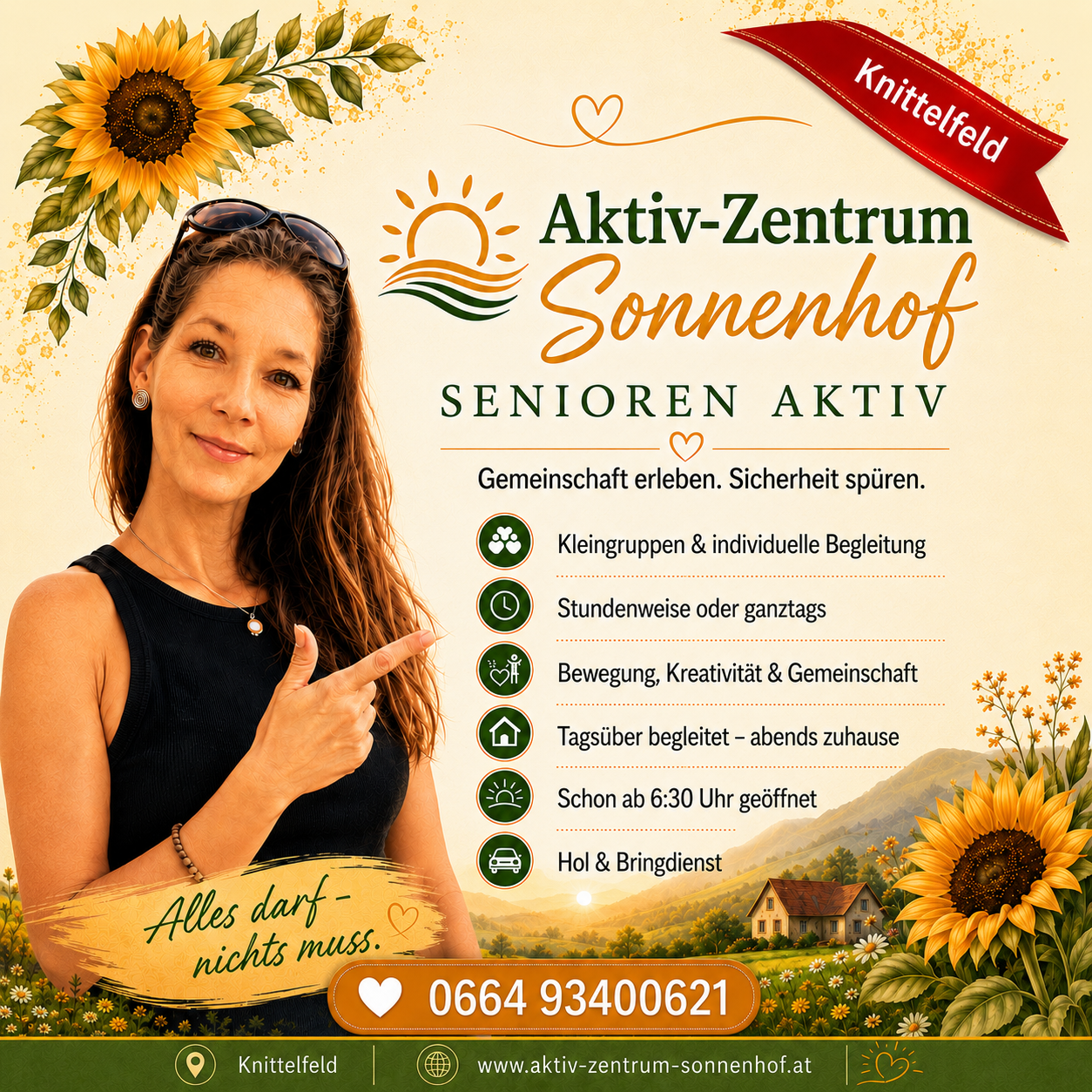 Werbeplakat für Tagesaktivitäten im Aktiv-Zentrum Sonnenhof: Montag bis Freitag mit Workshopzeiten und Themen.